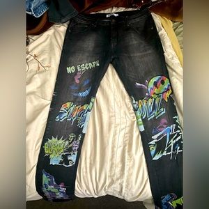 SUGARHILL TRIPPY BRIGHT GRAPHICS No Escape Street Wear Denim Jeans Pants